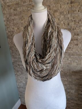 Metallic Multi-Tone Chevron Pleat Infinity Scarf Beige Brown & Silver Knit Sheer